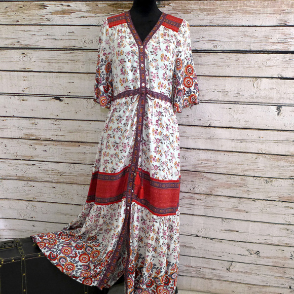 Dresses & Skirts - Gypsy Boho Red & Cream floral Maxi Dress NWOT